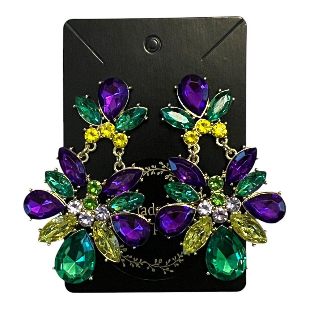 Mardi Gras Earrings, Glittery Rhinestone Party Jewelry - LARGE